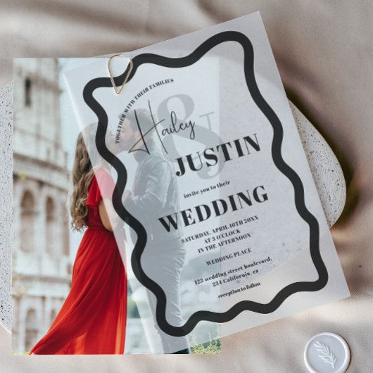 Modern Black Retro Wavy Lijst Chic Wedding Vellum Uitnodigingen