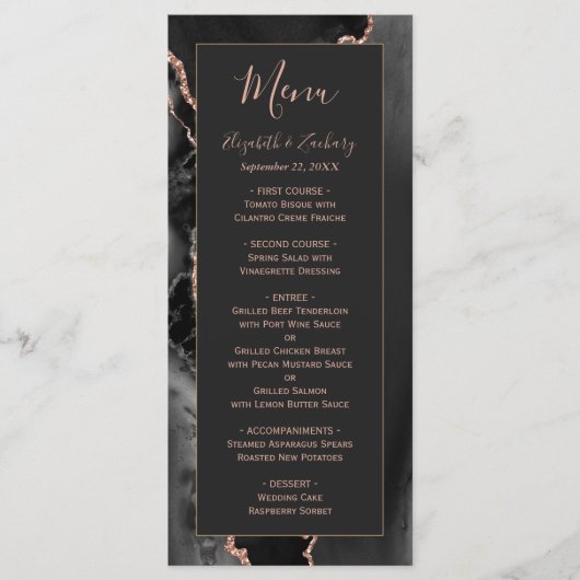Modern Black Roos Gold Agate Dark Weddenmenu Menu (Voorkant)
