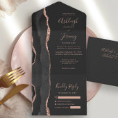 Modern Black Roos Gold Agate Dark Wedding All In One Uitnodiging