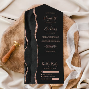 Modern Black Roos Gold Agate Dark Wedding All In One Uitnodiging