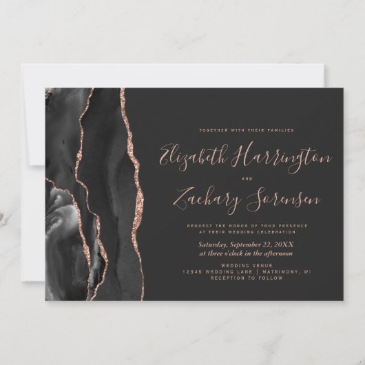 Modern Black Roos Gold Agate Dark Wedding Kaart (Voorkant)