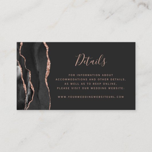 Modern Black Roos Gold Agate Dark Wedk Website Informatiekaartje (Voorkant)