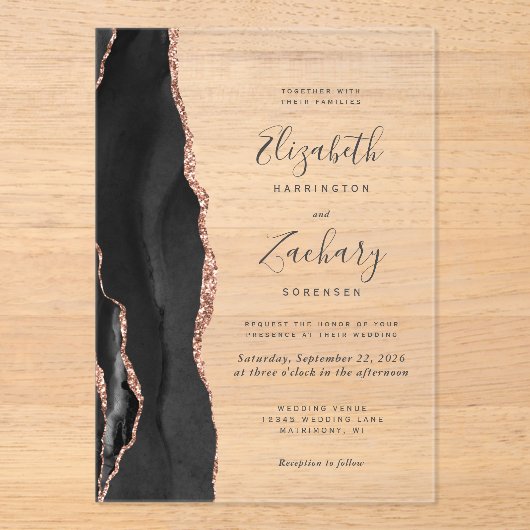 Modern Black Roos Gold Agate Wedding Acryl Uitnodigingen (Voorkant)