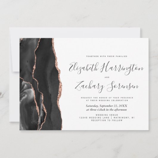 Modern Black Roos Gold Agate Wedding Kaart (Voorkant)