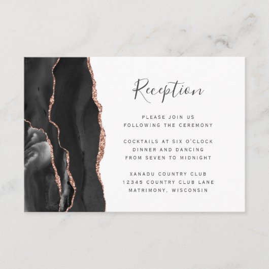 Modern Black Roos Gold Agate Wedding Reception Informatiekaartje (Voorkant)