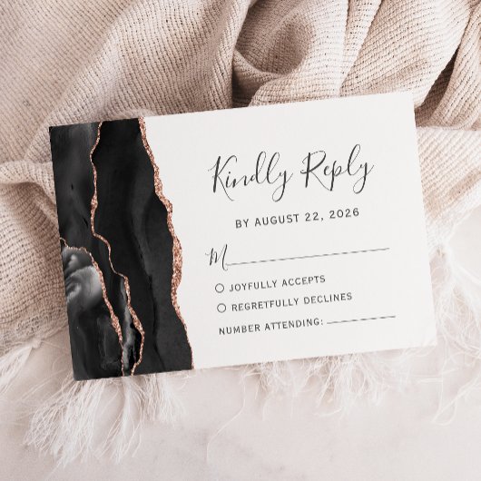 Modern Black Roos Gold Agate Wedding RSVP Kaartje