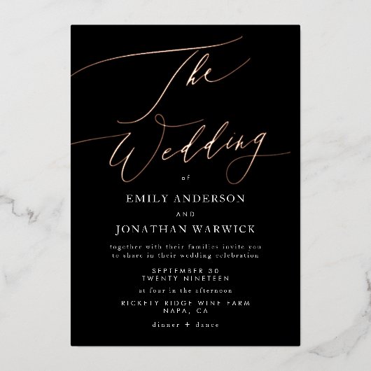 Modern Black Roos Gold Calligraphy Wedding Folie Uitnodiging (Voorkant)