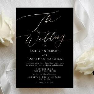 Modern Black Roos Gold Calligraphy Wedding Folie Uitnodiging