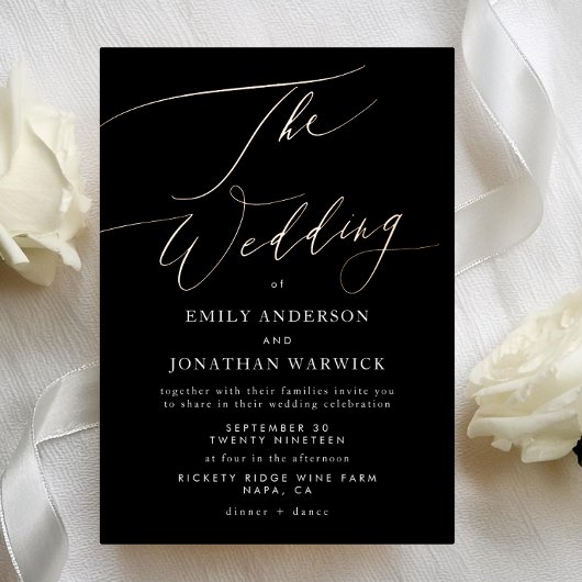 Modern Black Roos Gold Calligraphy Wedding Folie Uitnodiging