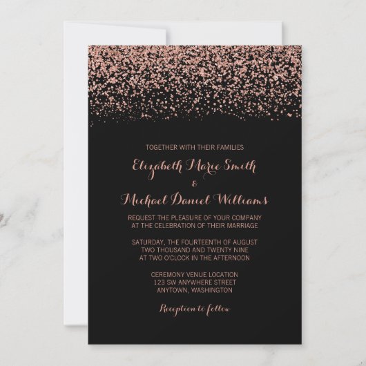 Modern Black Roos Gold Faux Glitter Wedding Kaart (Voorkant)