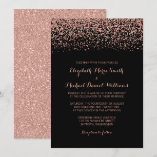 Modern Black Roos Gold Faux Glitter Wedding Kaart