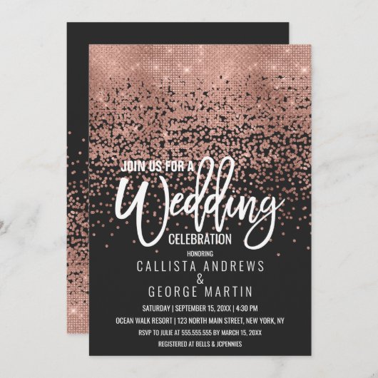 Modern Black Roos Gold Glitter Confetti Wedding Kaart (Voorkant / Achterkant)