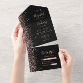 Modern Black Roos Gold Glitter Wedding All In One Uitnodiging (Afscheurbaar)