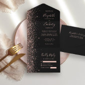 Modern Black Roos Gold Glitter Wedding All In One Uitnodiging