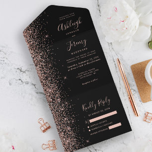 Modern Black Roos Gold Glitter Wedding All In One Uitnodiging