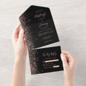 Modern Black Roos Gold Glitter Wedding All In One Uitnodiging (Afscheurbaar)