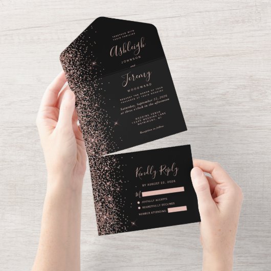 Modern Black Roos Gold Glitter Wedding All In One Uitnodiging (Afscheurbaar)
