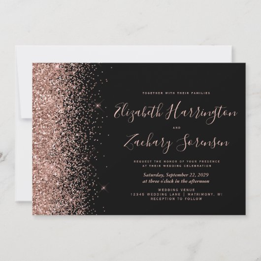 Modern Black Roos Gold Glitter Wedding Kaart (Voorkant)