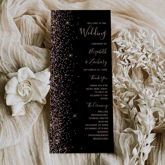 Modern Black Roos Gold Glitter Wedding Program
