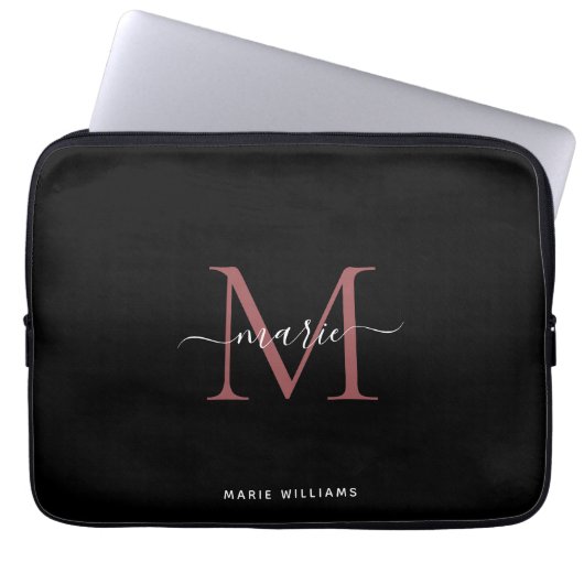 Modern Black Roos Monogram Script Name Initiaal Laptop Sleeve (Voorkant)