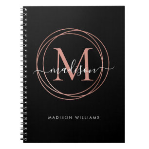 Modern Black Rose Gold Blush Pink Monogram Circle Notitieboek