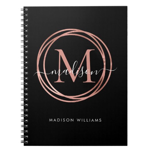 Modern Black Rose Gold Blush Pink Monogram Circle Notitieboek (Voorkant)