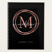 Modern Black Rose Gold Blush Pink Monogram Circle Planner (Voorkant)