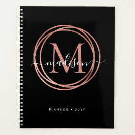 Modern Black Rose Gold Blush Pink Monogram Circle Planner
