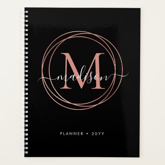 Modern Black Rose Gold Blush Pink Monogram Circle Planner (Voorkant)