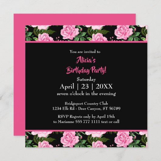 Modern Black Roses Happy Birthday Invitation (Voorkant / Achterkant)