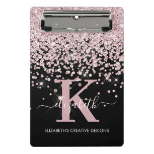 Modern Black Roze Rose Gold Glitter Monogramed Mini Klembord