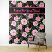 Modern Black Roze Roses Happy Birthday Tapestry Wandkleed (In situ)