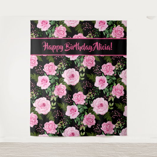 Modern Black Roze Roses Happy Birthday Tapestry Wandkleed (Voorkant)
