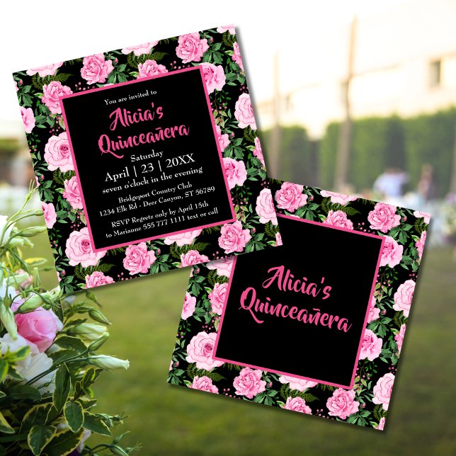 Modern Black Roze Roses Quinceañera Uitnodiging (Creator heeft geüpload)