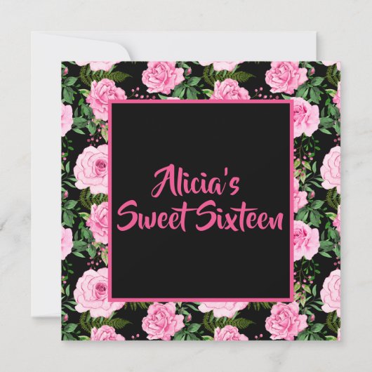 Modern Black Roze Roses Sweet Sixteen Birthday (Achterkant)
