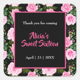 Modern Black Roze Roses Sweet Sixteen Dank je Vierkante Sticker