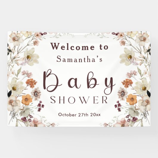 Modern Black Rustic Boho Wildflower Baby shower Spandoek (Horizontaal)