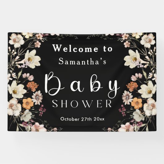 Modern Black Rustic Boho Wildflower Baby shower Spandoek (Horizontaal)