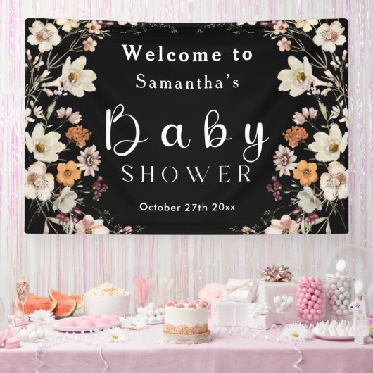 Modern Black Rustic Boho Wildflower Baby shower Spandoek (Feest)