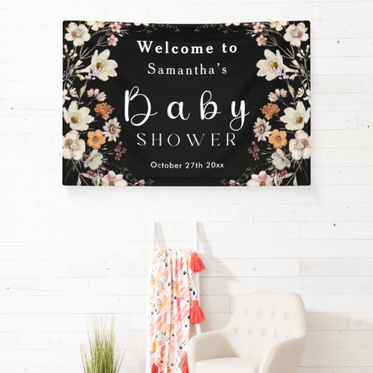 Modern Black Rustic Boho Wildflower Baby shower Spandoek (Insitu)