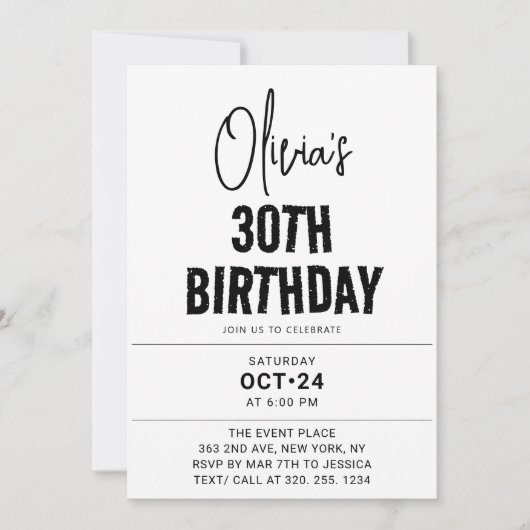 Modern Black Script 30e verjaardag Chic & Minimali Kaart (Voorkant)