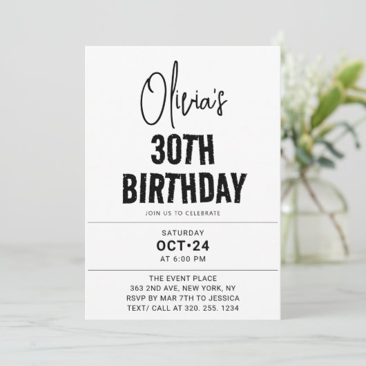 Modern Black Script 30e verjaardag Chic & Minimali Kaart (Staand voorkant)