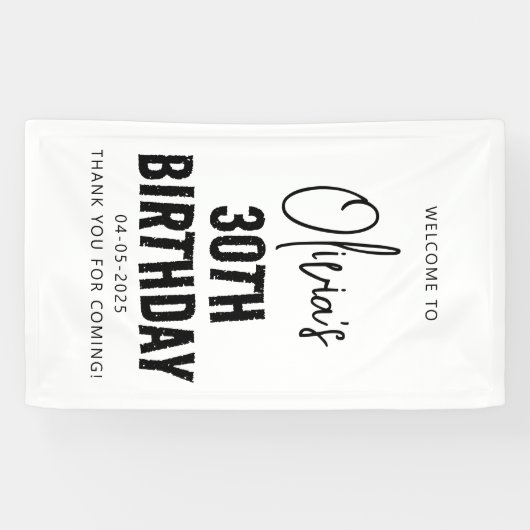 Modern Black Script 30e verjaardag Chic & Minimali Spandoek (Horizontaal)