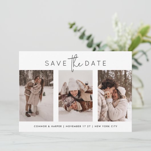 Modern Black Script 3 Multi Photo Collage Save The Date (Staand voorkant)