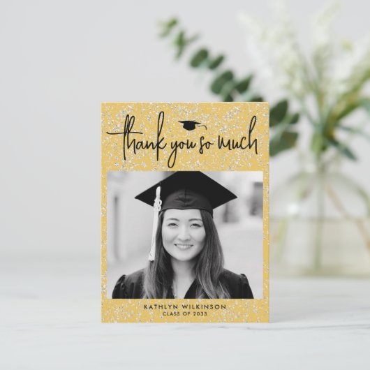 Modern Black Script Gold Glitter AFSTUDEERDER Dank Briefkaart (Staand voorkant)