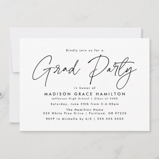 Modern Black Script Graduation Party Kaart (Voorkant)