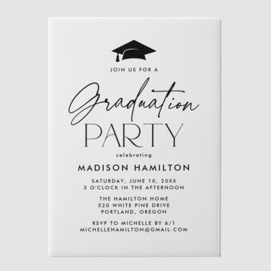 Modern Black Script Graduation Party Vellum Uitnodigingen (Voorkant)