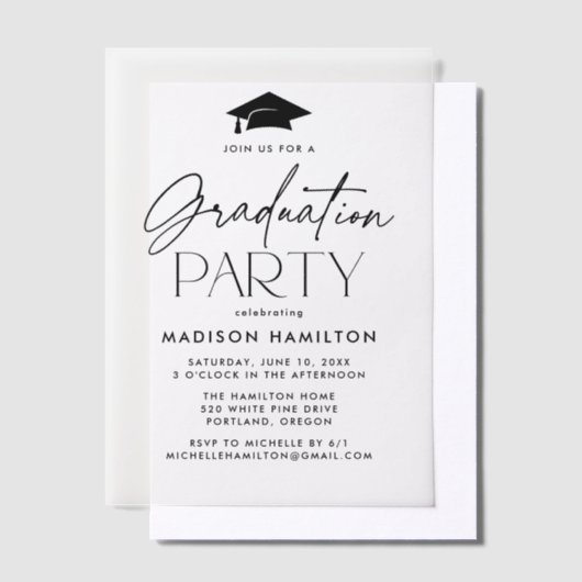 Modern Black Script Graduation Party Vellum Uitnodigingen (Offset)