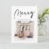 Modern Black Script MERRY Chic Minimalist Feestdagenkaart (Staand voorkant)