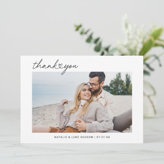 Modern Black Script Persoonlijke bruiloft foto Bedankkaart (Staand voorkant)